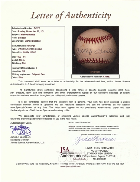 Mickey Mantle Single-Signed OAL Baseball (UDA) (JSA)