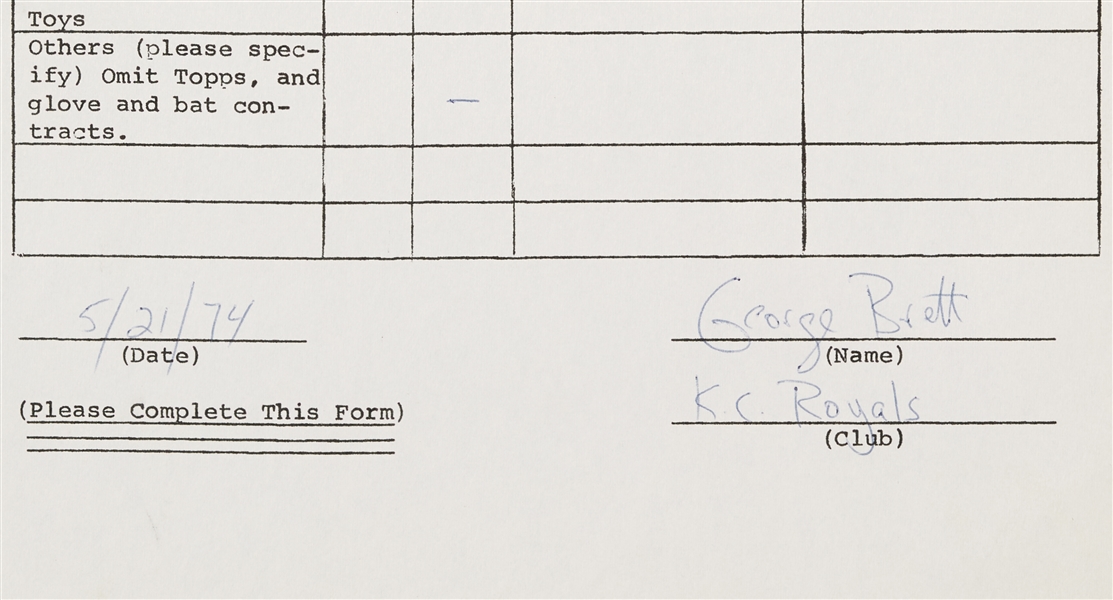 George Brett Early Career Signed Licensing Agreement (5/21/74) (BAS)