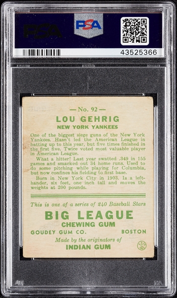 1933 Goudey Lou Gehrig No. 92 PSA 2