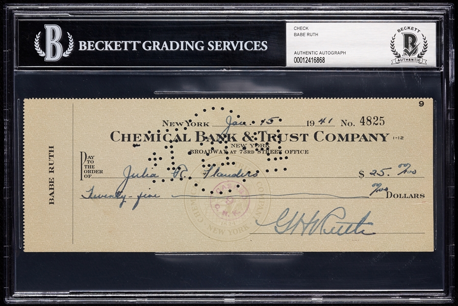 Babe Ruth Signed Check (1941) (BAS)