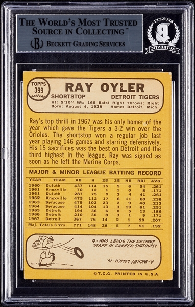 Ray Oyler Signed 1968 Topps No. 399 (BAS)