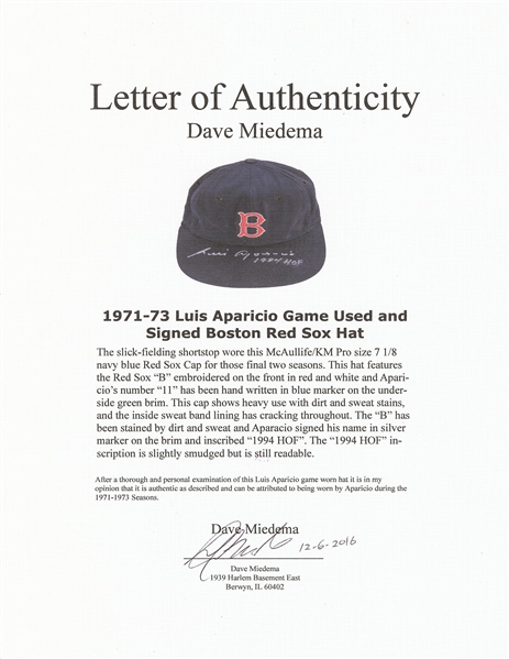 Luis Aparicio Circa 1971 Boston Red Sox Game-Used & Signed Cap (BAS) (PSA/DNA)
