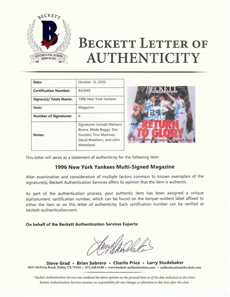 1996 NY Yankees Signed Beckett Baseball with Rivera, Boggs (6) (BAS)