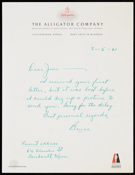Bruce Smith Signed Handwritten Letter (1941 Heisman Trophy Winner) (1961) (PSA/DNA)