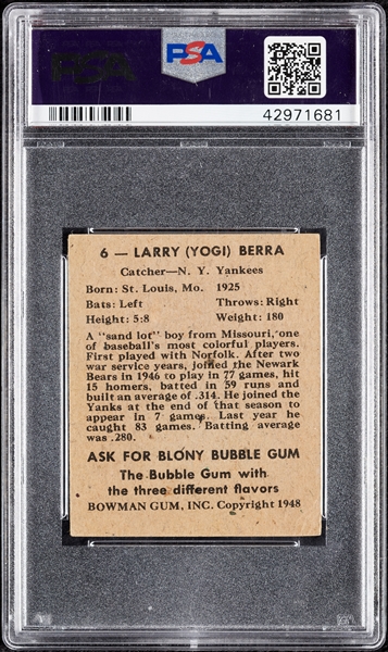 Yogi Berra Signed 1948 Bowman RC No. 6 PSA 2.5 (PSA/DNA)
