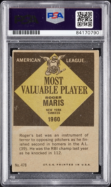 Roger Maris Signed 1961 Topps MVP No. 478 (PSA/DNA)