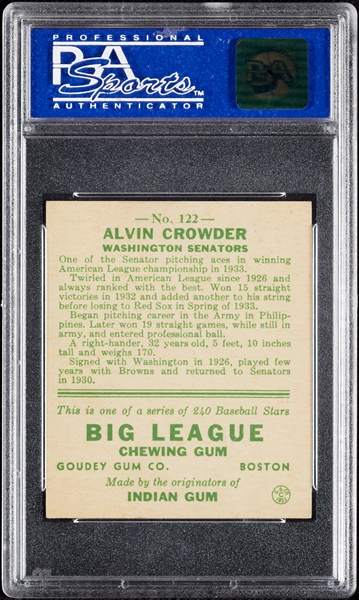 1933 Goudey Alvin Crowder No. 122 PSA 7