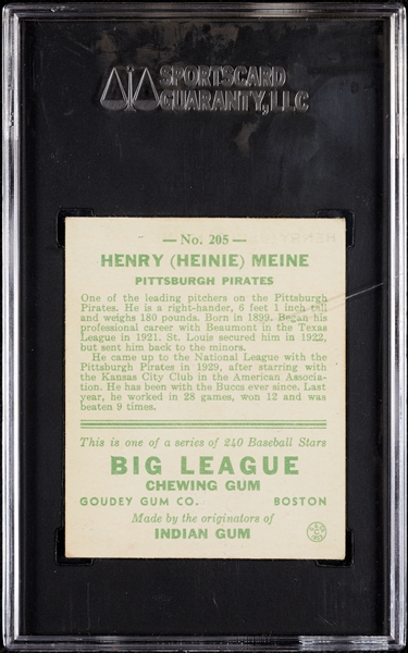1933 Goudey Heinie Meine No. 205 SGC 4.5