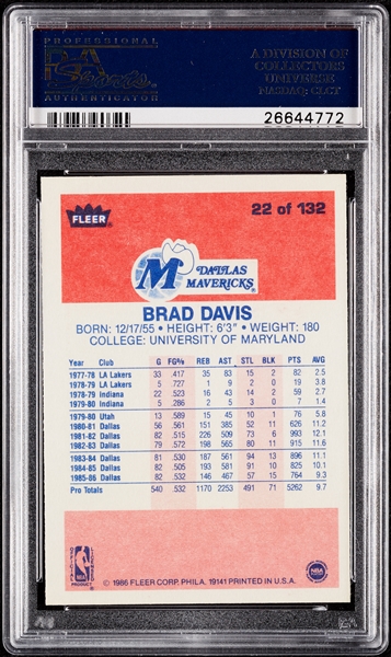 1986 Fleer Brad Davis No. 22 PSA 10