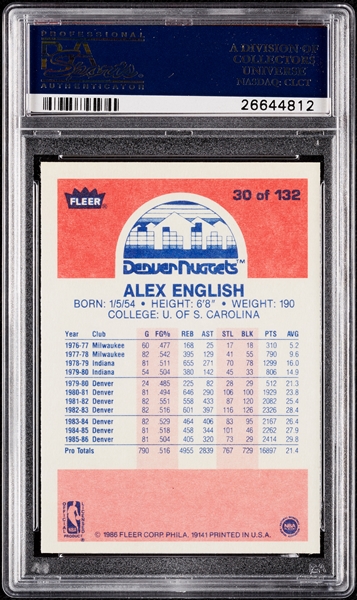 1986 Fleer Alex English No. 30 PSA 10