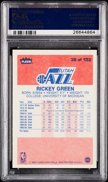 1986 Fleer Rickey Green No. 39 PSA 10