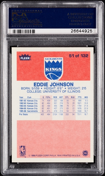 1986 Fleer Eddie Johnson No. 51 PSA 10