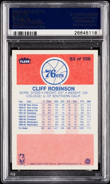 1986 Fleer Cliff Robinson No. 93 PSA 10