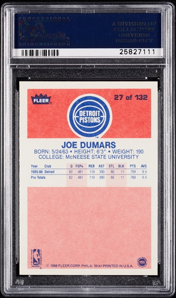 1986 Fleer Joe Dumars RC No. 27 PSA 9