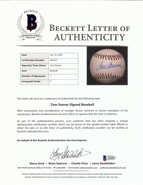 Tom Seaver Single-Signed ONL Baseball (PSA/DNA) (Graded BAS 9)