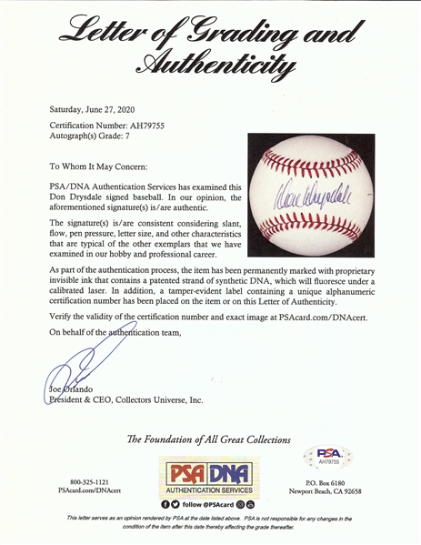 Don Drysdale Single-Signed ONL Baseball (Graded PSA/DNA 7)