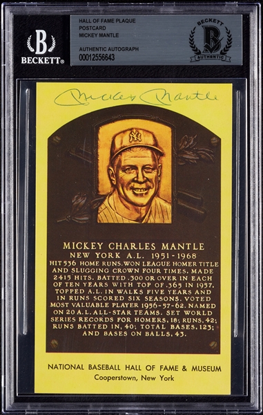 Mickey Mantle Signed Yellow HOF Plaque Postcard (BAS)