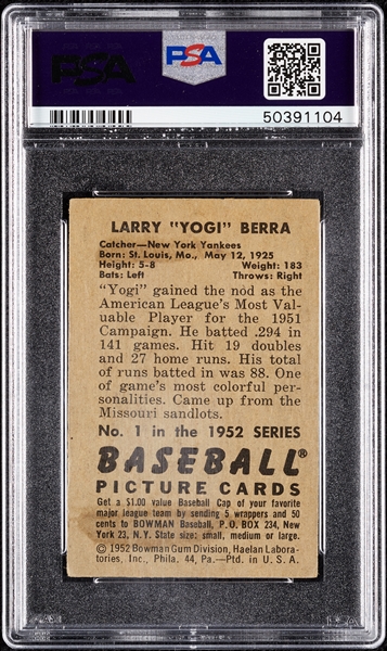 1952 Bowman Yogi Berra No. 1 PSA 3