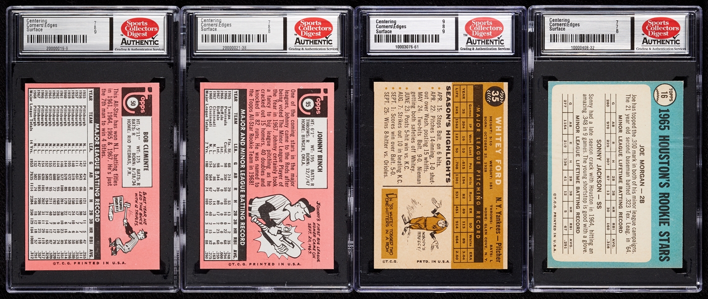 1960s Topps SCD-Graded Group with Clemente, Morgan RC, Bench, Ford (4)