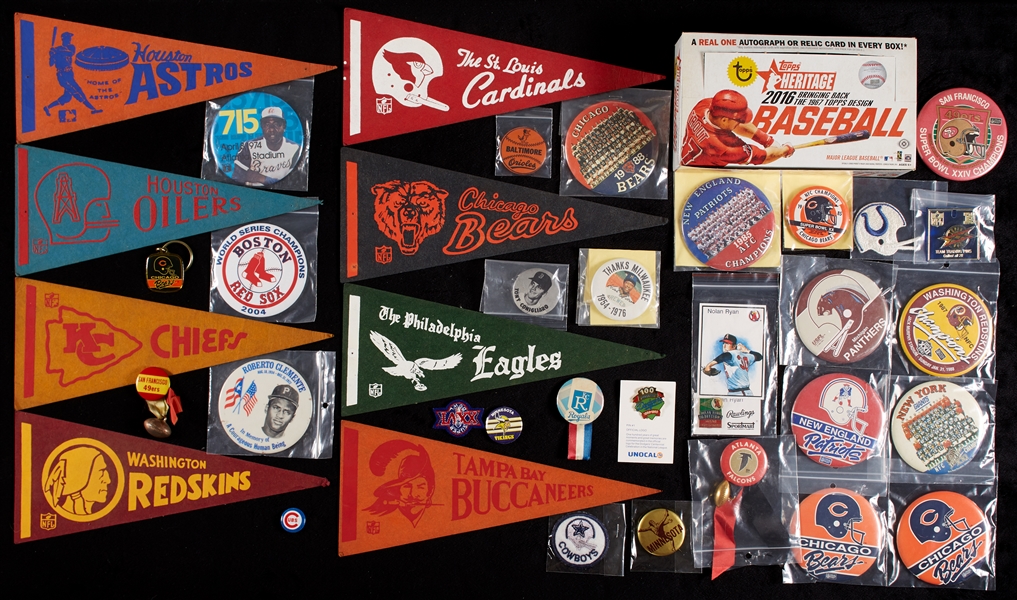 Unique Vintage Baseball and Football Pennants, Buttons, Pins and Cards (approx. 400 pieces)