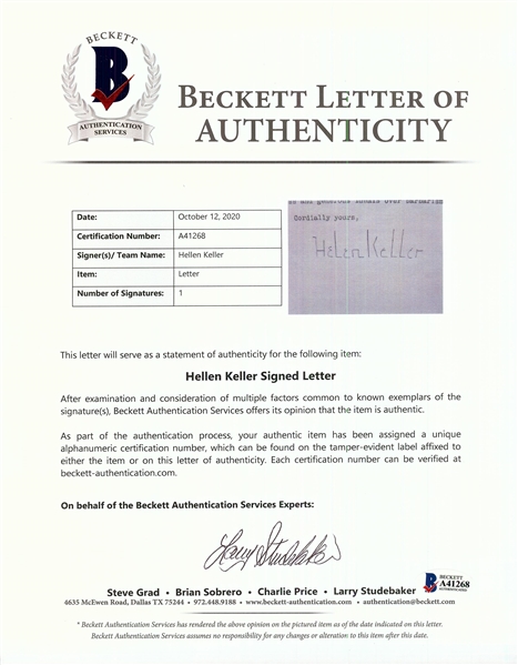 Helen Keller Signed Typed Letter (1943) (BAS)