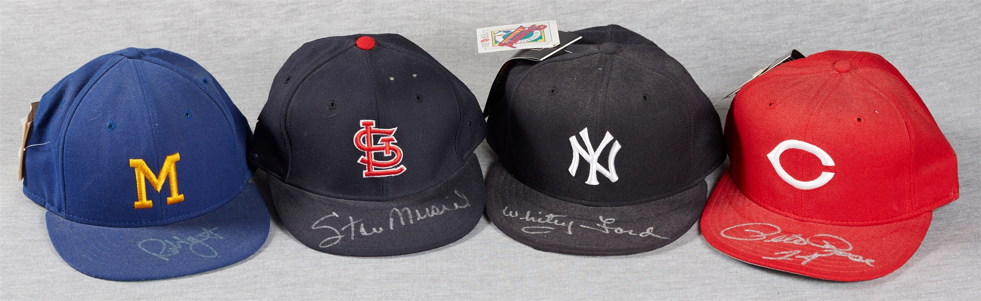 Robin Yount, Whitey Ford, Stan Musial & Pete Rose Signed Caps (4)