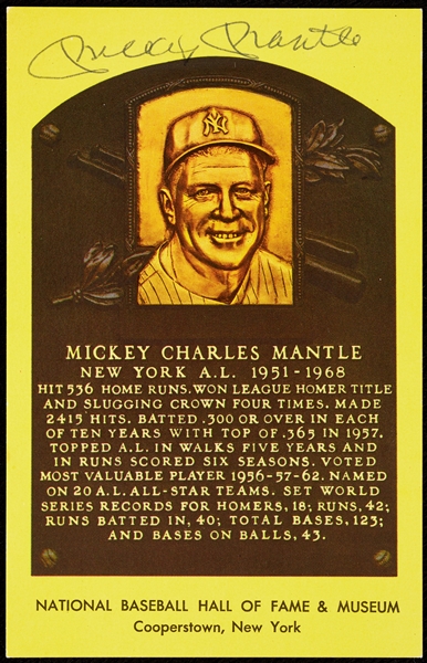 Mickey Mantle Signed Yellow HOF Plaque Postcard