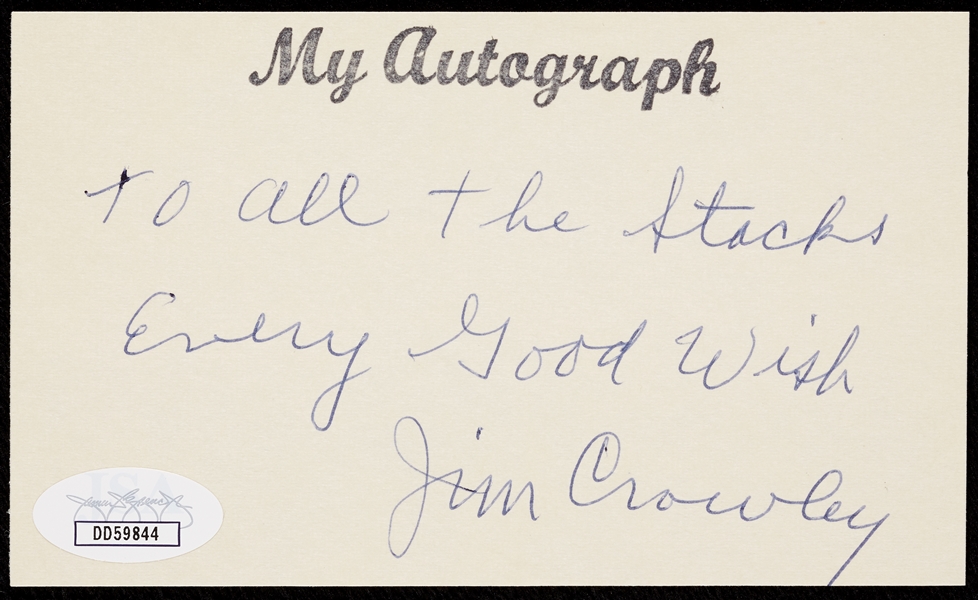 Jim Crowley Signed 3x5 Index Card (JSA)