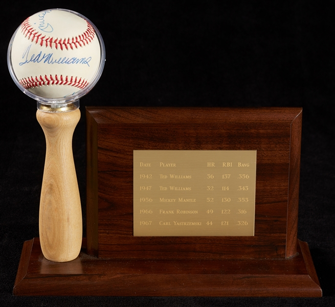 Triple Crown Winners Signed OAL Baseball in Display with Mantle, Williams, Robinson, Yastrzemski (BAS)