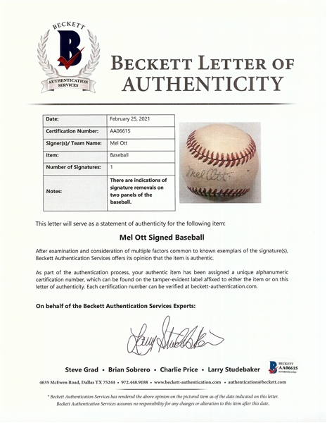 Mel Ott Signed ONL Baseball (BAS)