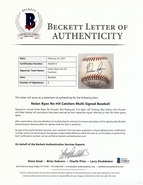 Nolan Ryan & 7 No-Hitter Catchers Signed OML Baseball (BAS)