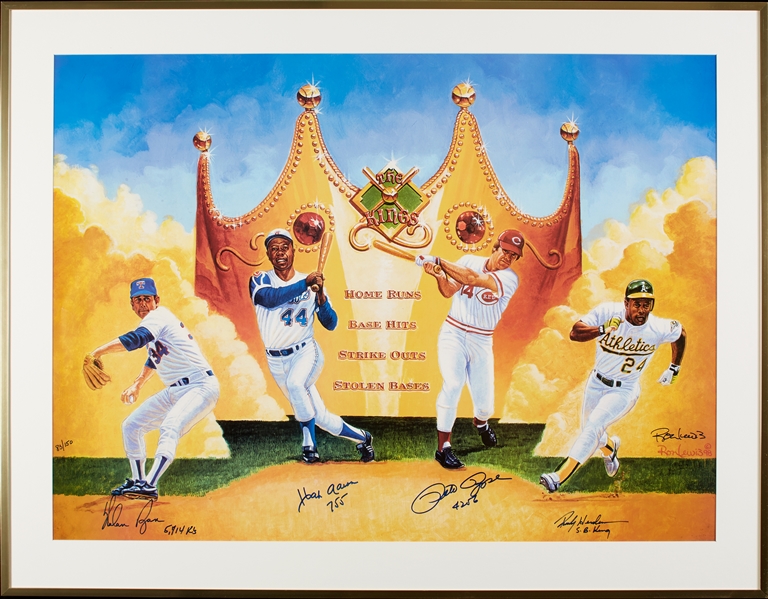 The Kings of Baseball Signed Lithograph with Aaron, Rose, Ryan, Henderson (83/150) (BAS)