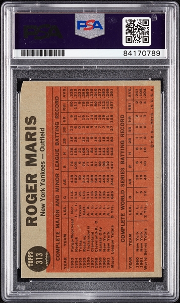 Roger Maris Signed 1962 Topps Maris Blasts 61st No. 313 (PSA/DNA)