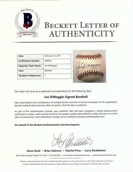 Joe DiMaggio Single-Signed OAL Baseball (BAS)