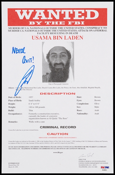 Robert J. O'Neill Signed Osama Bin Laden Wanted By the FBI Document Inscribed Never Quit - US Navy Seal Who Killed Bin Laden (PSA/DNA)