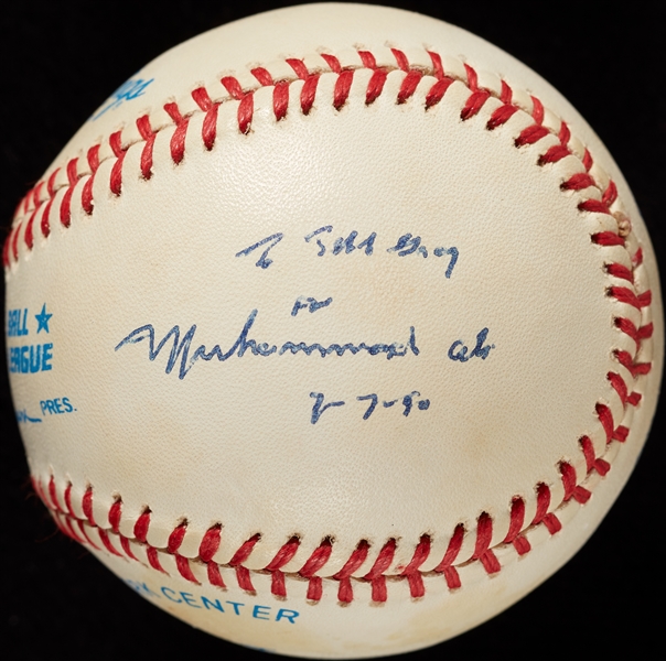Muhammad Ali Twice-Signed OAL Baseball with Unique Inscription (BAS)