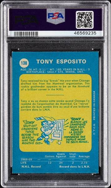 1969 O-Pee-Chee Tony Esposito RC No. 138 PSA 8