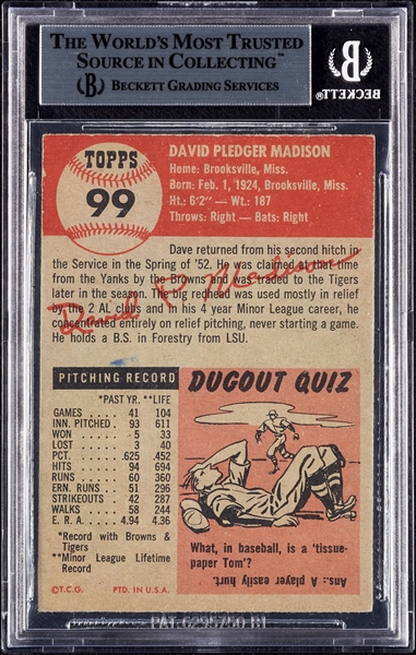 Dave Madison Signed 1953 Topps No. 99 (BAS)
