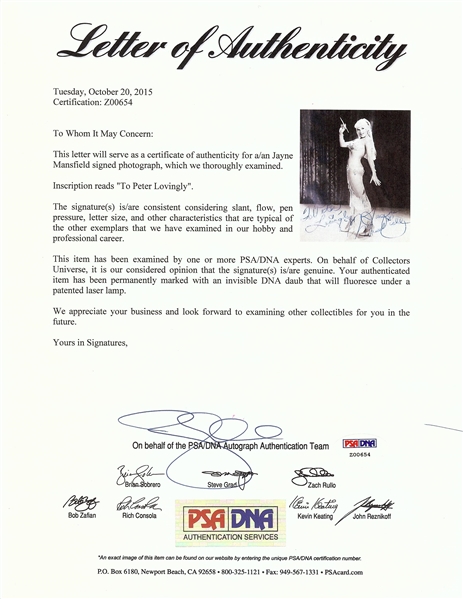 Jayne Mansfield Signed 8x10 Photo (PSA/DNA)