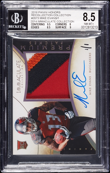 2016 Panini Honors Mike Evans RC Auto/Patch Recollection Collection 2014 Immaculate (1/1) BGS 8.5 (AUTO 10)