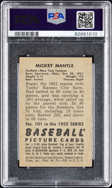 1952 Bowman Mickey Mantle No. 101 PSA 4