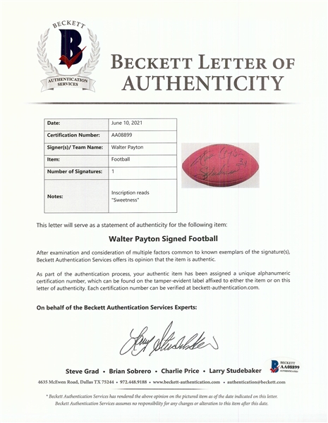 Walter Payton Signed NFL Football (BAS)