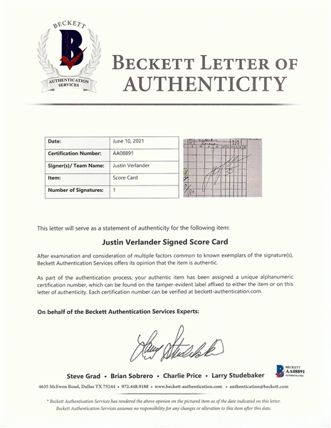 Justin Verlander Signed No-Hitter Scorecard Plus More (Jim Price Collection) (BAS)