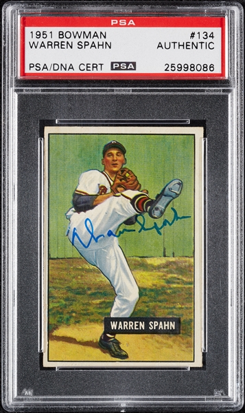 Warren Spahn Signed 1951 Bowman No. 134 (PSA/DNA)