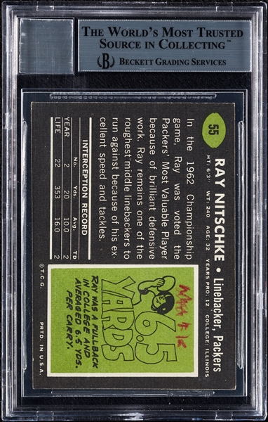 Ray Nitschke Signed 1969 Topps No. 55 (Graded BAS 10)
