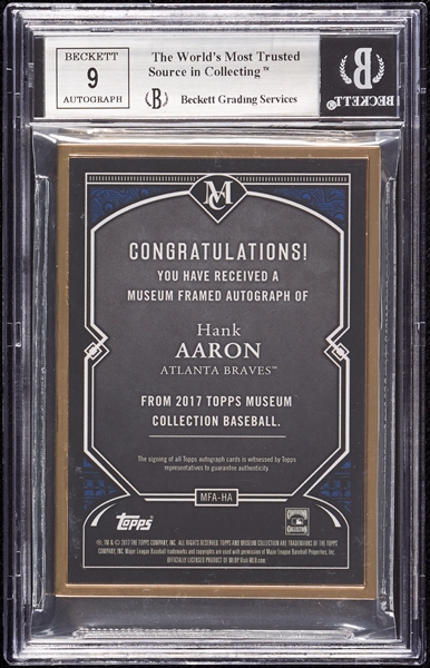 2017 Topps Museum Collection Hank Aaron Framed Museum Autographs Gold (1/10) BGS 9 (AUTO 9)