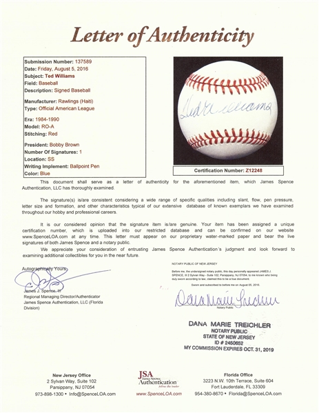 Ted Williams Single-Signed OAL Baseball (JSA)