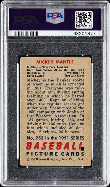 1951 Bowman Mickey Mantle RC No. 253 PSA Authentic