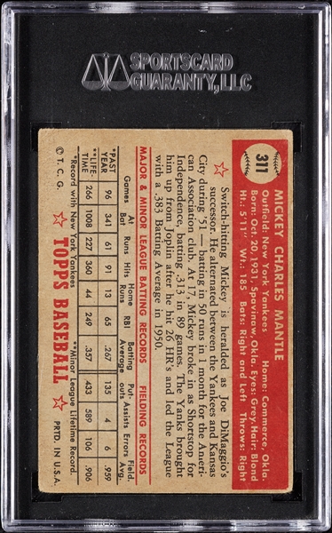 1952 Topps Mickey Mantle RC No. 311 SGC 1.5