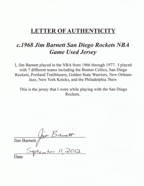 1967-68 Jim Barnett San Diego Rockets Game-Worn Road Jersey